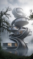 Modern spiral architecture design concept in misty environment