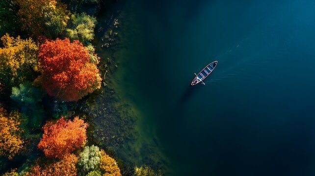 Aerial view of a serene lake with a boat near vibrant autumn foliage on the shore