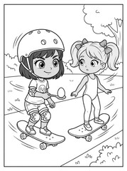 Cartoon Girls on Skateboards in an Egg and Spoon Race, Kids Coloring Page Illustration