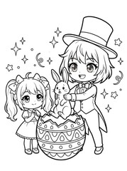 Kawaii Anime Easter Magic Show Coloring Page with Chibi Magician, Girl, and Bunny