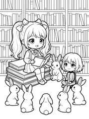 Cute Anime Girl Reads a Story to a Friend and Bunnies in a Library, Kawaii Coloring Book Page for Kids and Adults