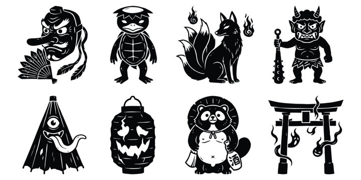 Japanese Mystical Yokai Vector Collection Whimsical Folklore Set