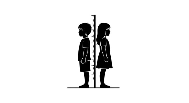 Simple black and white illustration of a boy and girl standing back to back against a height measuring stick.