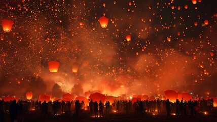 Crowd releases glowing lanterns into the night sky at a festive celebration, filling the air with vibrant orange lights and smoke.