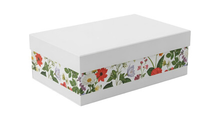 White gift box with colorful floral design on the sides isolated on transparent background