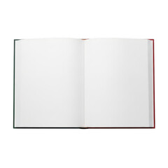An open book with blank white pages and a red edge on a plain white background. isolated on transparent background