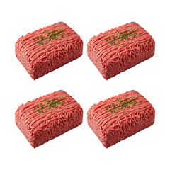 Four raw ground beef patties with herbs on top isolated on transparent background