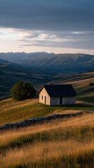 Obraz premium Solitary Farmhouse on Hilltop Surrounded by Rolling Hills and Scenic Landscape