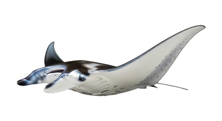 A large white and black manta ray isolated on transparent background swimming in the ocean