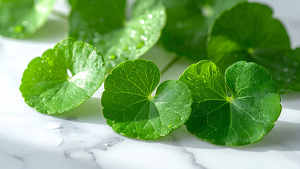 Obraz premium Centella Asiatica Leaves with Water Droplets on White Marble