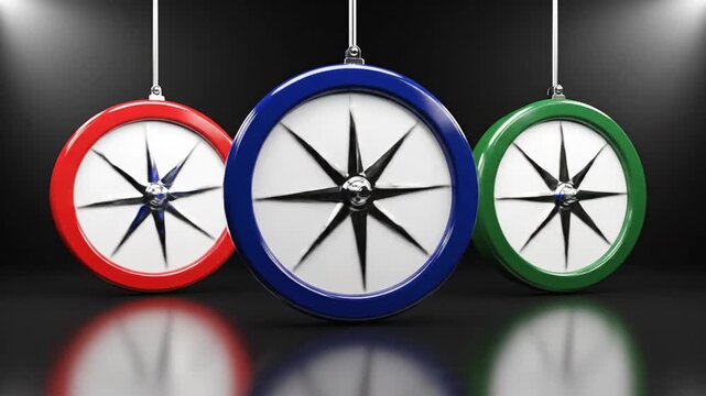 Red blue green compass rose symbols hanging with reflections