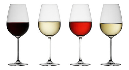 Four wine glasses with different colored liquids isolated on transparent background