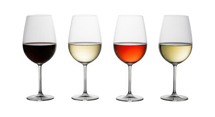 Four wine glasses filled with different colored liquids on white isolated on transparent background