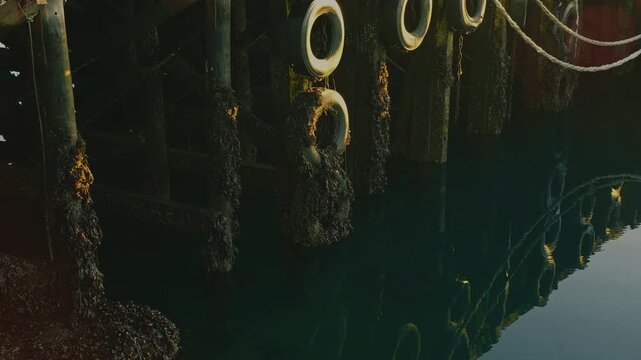 Close-up of wooden pier structure with rubber tires and seaweed reflected in teal water at sunrise, 4K.