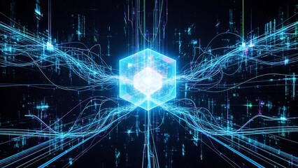 Fototapeta premium Abstract glowing cube with digital data streams and network connections on dark background