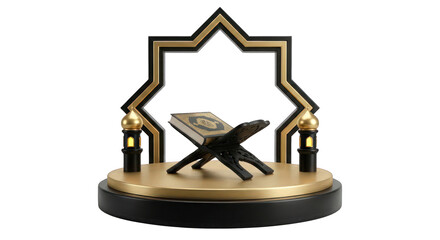 Islamic Holy Book Quran on Stand with Ramadan Lanterns and Star Frame