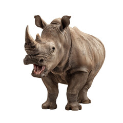 Naklejka premium PNG of A powerful white rhinoceros roaring, showcasing its impressive horn and muscular build.