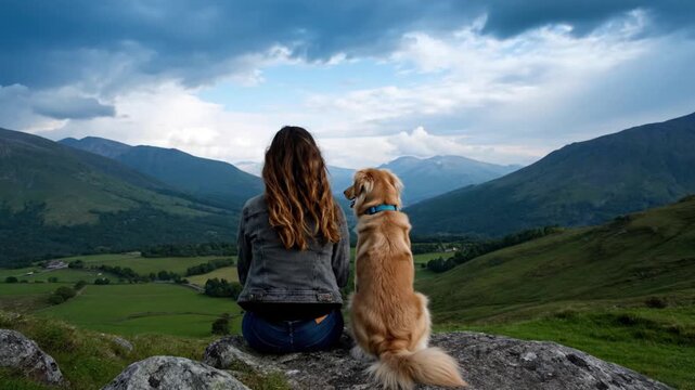 A serene back view captures a person and their loyal canine companion sitting together on a rugged rock formation, gazing out over a breathtaking panoramic mountain landscape. Lush green valleys stret