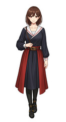 Illustration of female figure, wearing a dark dress with red accents. Figure symbolizes animation, character design, and style within digital artwork.