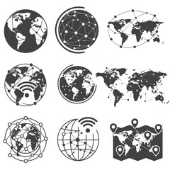 Obraz premium Global Earth & World Map Vector Icons – Black Flat Set