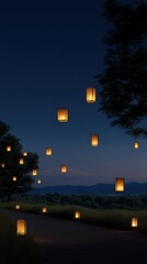 Fototapeta premium Magical Anime-Inspired Glowing Lanterns in Night Sky Over Serene Landscape