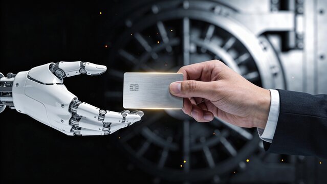 chargeback management - A robotic hand passes a platinum card to a suited human cuff, highlighted by rim lighting against a dark, blurred vault background.
