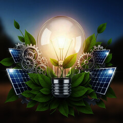 A glowing lightbulb surrounded by green leaves and solar panels symbolizing eco-friendly innovation