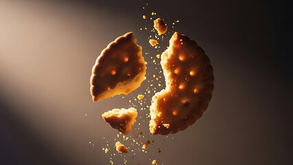 A delicious golden cracker breaks apart mid-air, scattering crumbs in a dramatic food photography shot