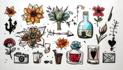 Whimsical illustration of flowers, vintage objects, and symbols, rendered in colorful ink and light watercolor style