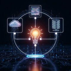 A glowing lightbulb surrounded by digital icons