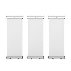 Three blank roll up banners standing side by side on a white background. isolated on transparent background