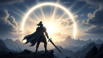 A lone knight in silhouette stands on a mountain peak, sword raised towards a glowing celestial ring