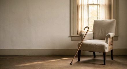 Fototapeta premium Simple elder walking cane leaning against chair near bright window