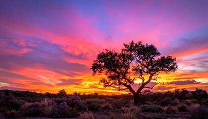 Lonely Tree Silhouetted Against Vibrant Sunset.
