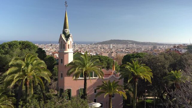 Barcelona, Spain &ndash; 2024, April 1: Park Guell Left Panorama with Cityline behind the Casa Museo Gaudi