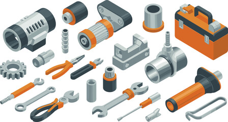 Obraz premium Isometric industrial tools and mechanical components collection, engineering equipment, repair instruments, factory machinery parts illustration isolated on white background