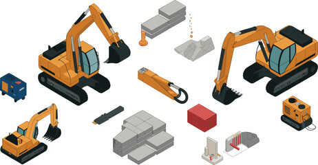 isometric, excavator, construction, machinery, equipment, industrial, engineering, heavy, vehicle, vector, illustration, toolkit, parts, orange, collection, isolated, white, background, building, set © MstRejowana
