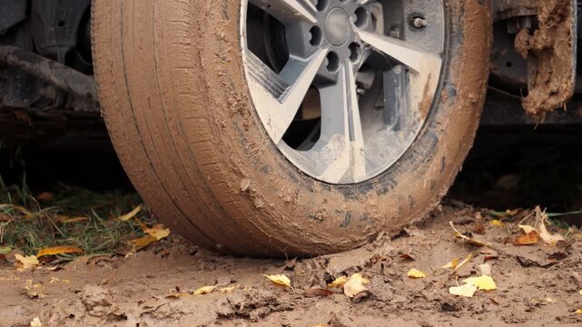 close-up view of an SUV wheel in the mud. The vehicle is stuck off-road.