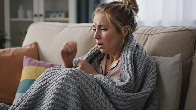 Ill woman coughing into hand on sofa under blanket