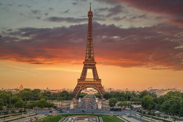 Eiffel Tower in Paris viewed at sunset, a famous landmark in the capital of France