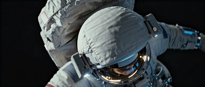 Astronaut space suit helmet cosmos exploration mission orbit technology science cosmic vacuum awe darkness future fiction drama tension human focus gentle determination wonder