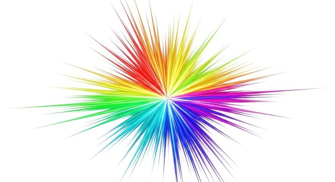 Vibrant rainbow colored starburst explosion radiating from center, abstract illustration, digital artwork, close-up view