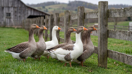 Graceful procession of farm geese observing the rustic wooden fence on a verdant springtime meadow