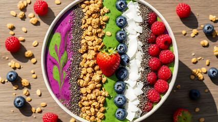 A vibrant smoothie bowl topped with fresh berries, granola, chia seeds, and coconut shavings