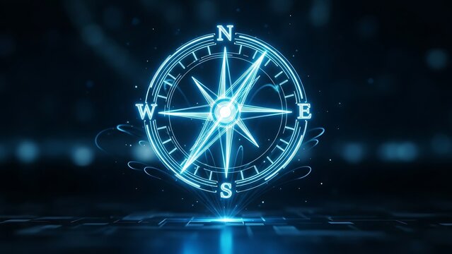 Digital holographic compass glowing bright blue in darkness symbolizing navigation direction guidance discovery navigation strategy and future technological progress in a modern abstract setting