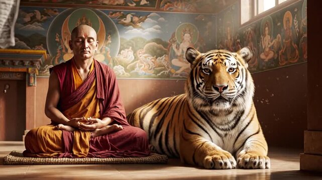 Monk Meditates Peacefully Beside a Majestic Tiger in a Serene Temple Setting.