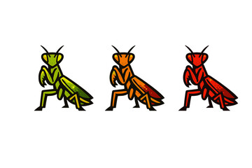 Fototapeta premium Three stylized praying mantis icons are displayed in a horizontal row against a black background. The insects are colored in vibrant shades of green, orange, and red with thick outlines.