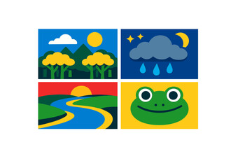 Naklejka premium A grid of four flat vector illustrations featuring a sunny forest, a rainy night scene with a moon, a sunset over a winding river, and a smiling green frog face on a yellow background.