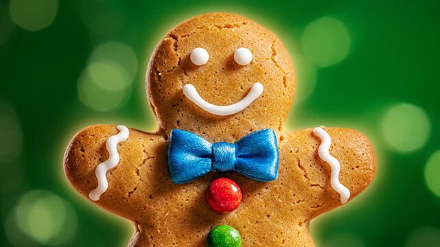Gingerbread man cookie with blue bow tie on green background
