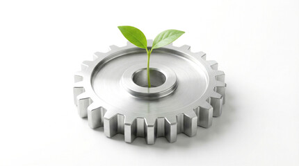 A small green plant is growing out of a gear